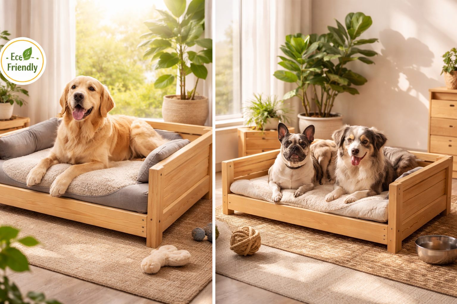 Perros felices en camas ecológicas con sello Eco Friendly